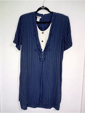 Vtg Dress Savvy New York Blue Dress Embroidered Floral Detail Womens Size 16